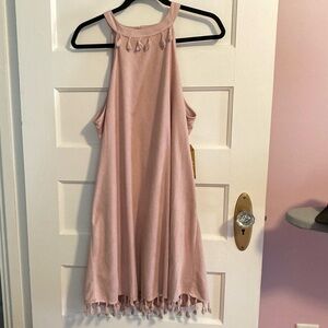 ANDREE BY UNIT | Light Pink Halter Mini Dress with Tassel Fringe Suede | NWT